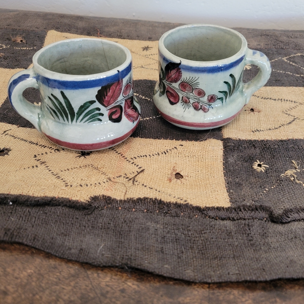 Set Of 6, Floral Ceramic Mugs - Blue and Green